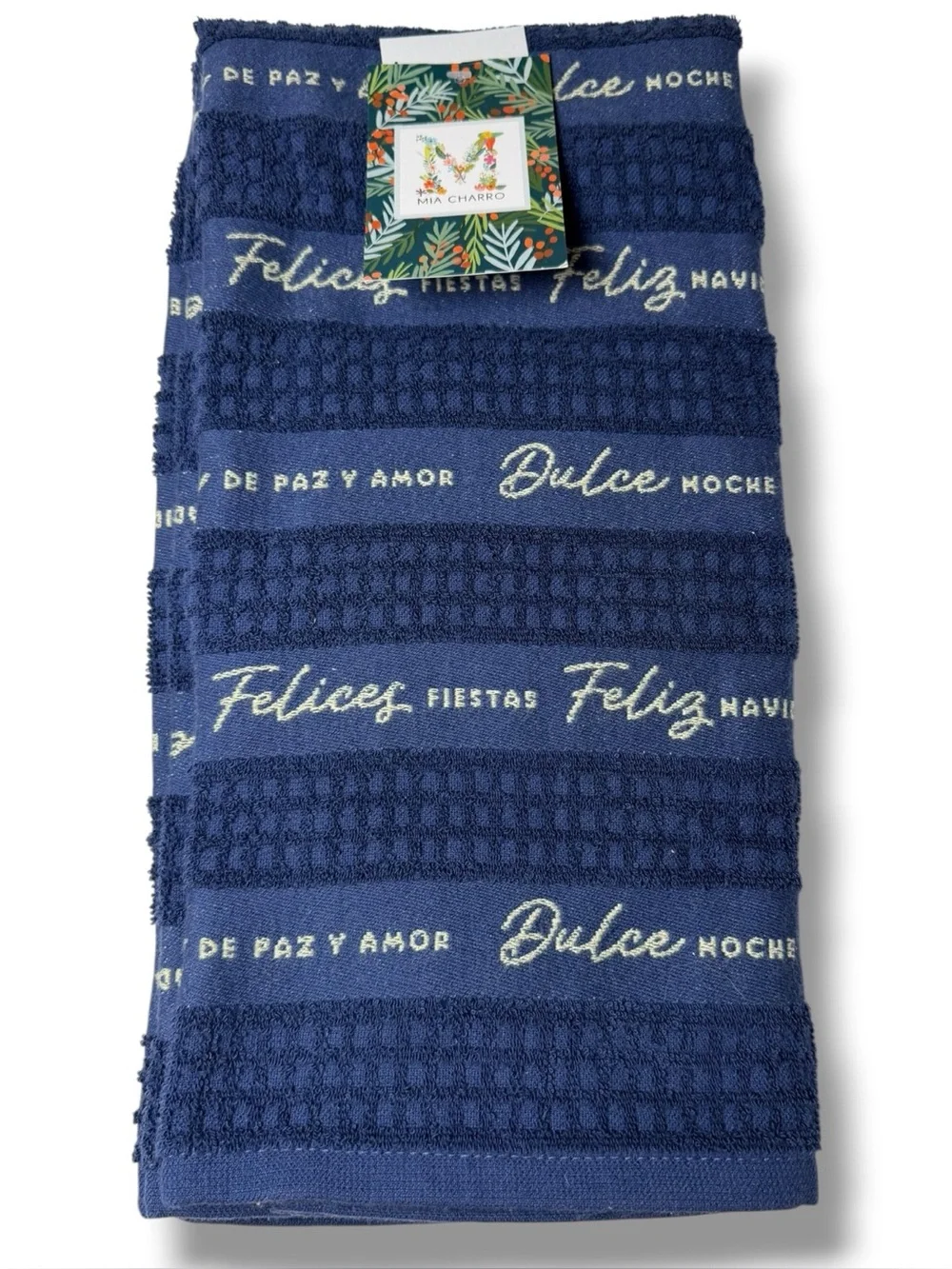 Festive Script Kitchen Towel in Navy - Holiday Waffle Weave